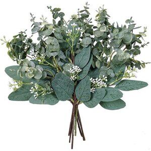 Artificial Oval Eucalyptus Leaves with White Seeds Stems